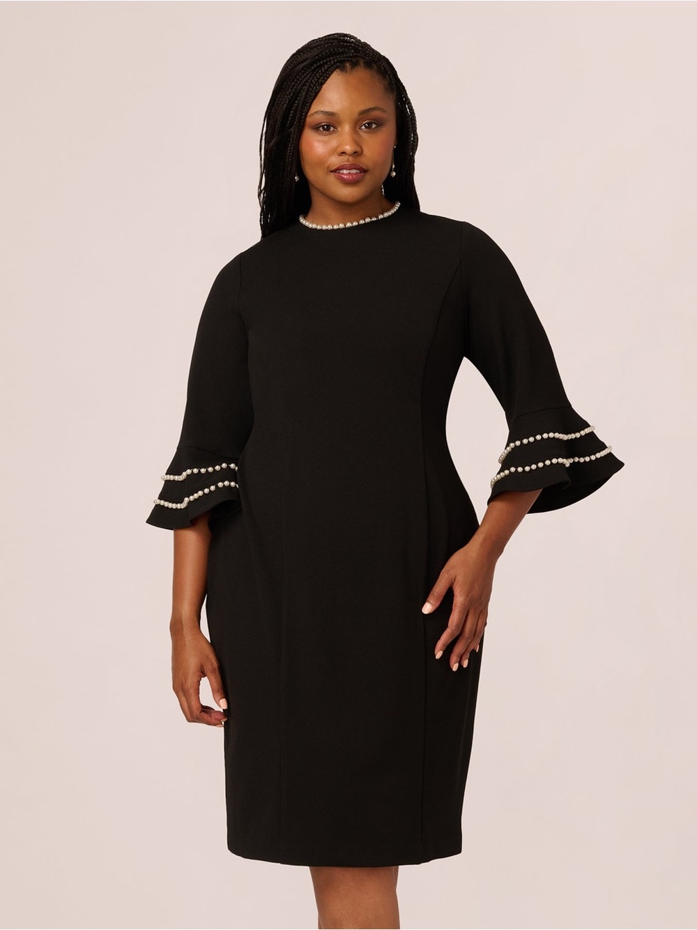 Adrianna Papell SZ 16 Black Pearl Trim Sleeve Sheath Midi Dress W Tags GALA MOB